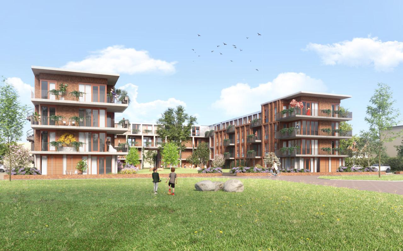 Het appartementencomplex dat in de wijk Delftlanden gebouwd gaat worden. Nu heeft de jongste wijk van Emmen nog geen appartementen.