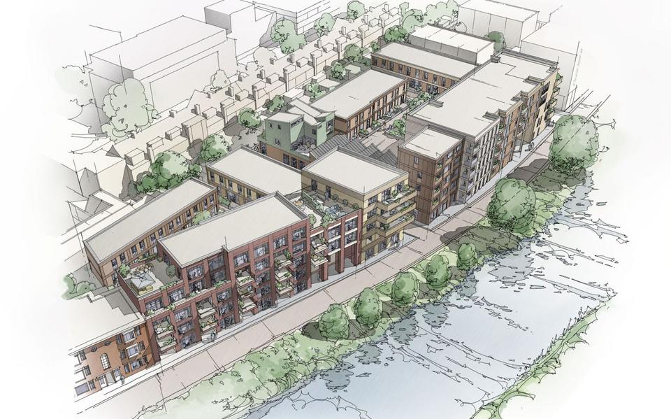 De schets van het nieuwe plan voor de Oosterhamrikkade met aan de kade geen stadsvilla's meer, maar appartementen.