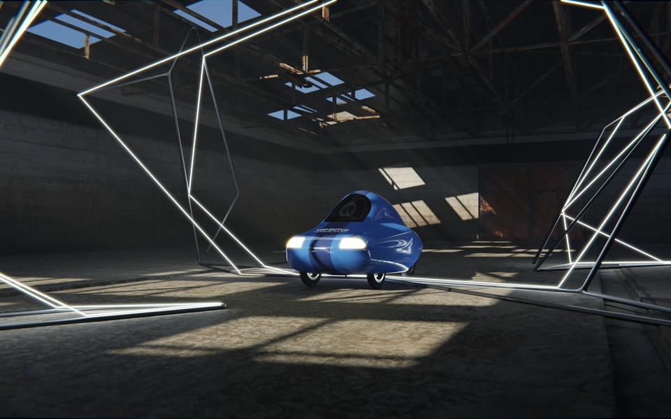 Een artist impression van de waterstofracewagen. 