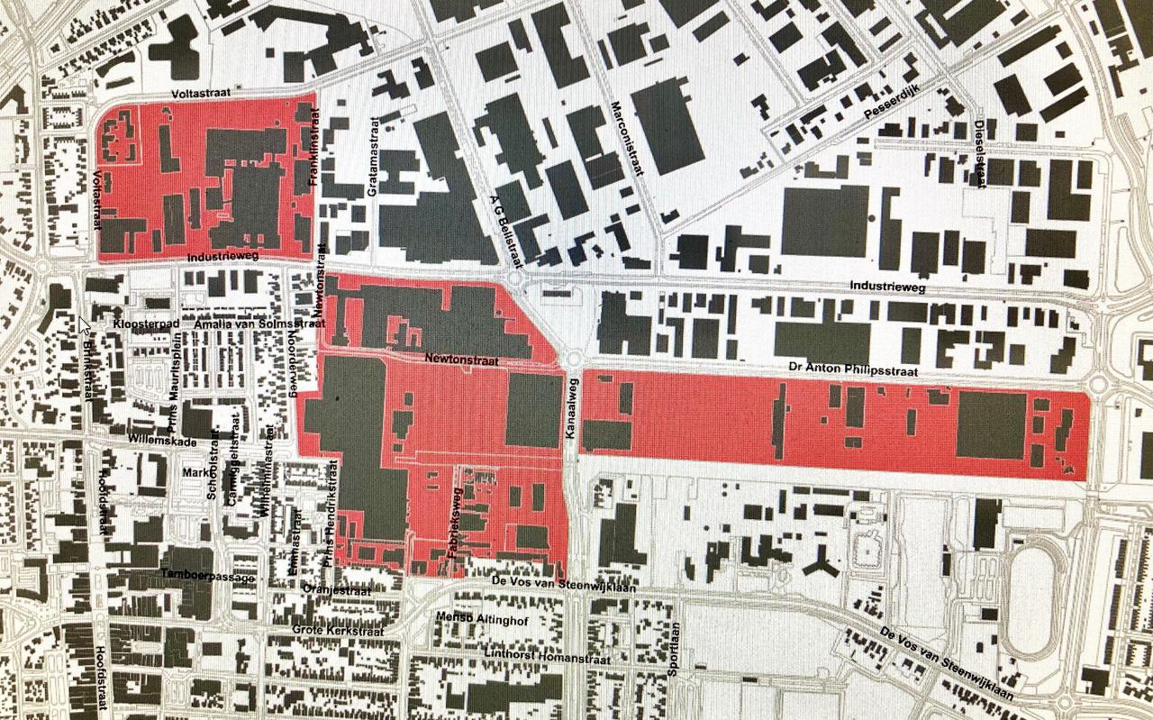In de rood gearceerde gebieden van industrieterrein De Wieken wil de gemeente Hoogeveen andersoortige bedrijven toestaan