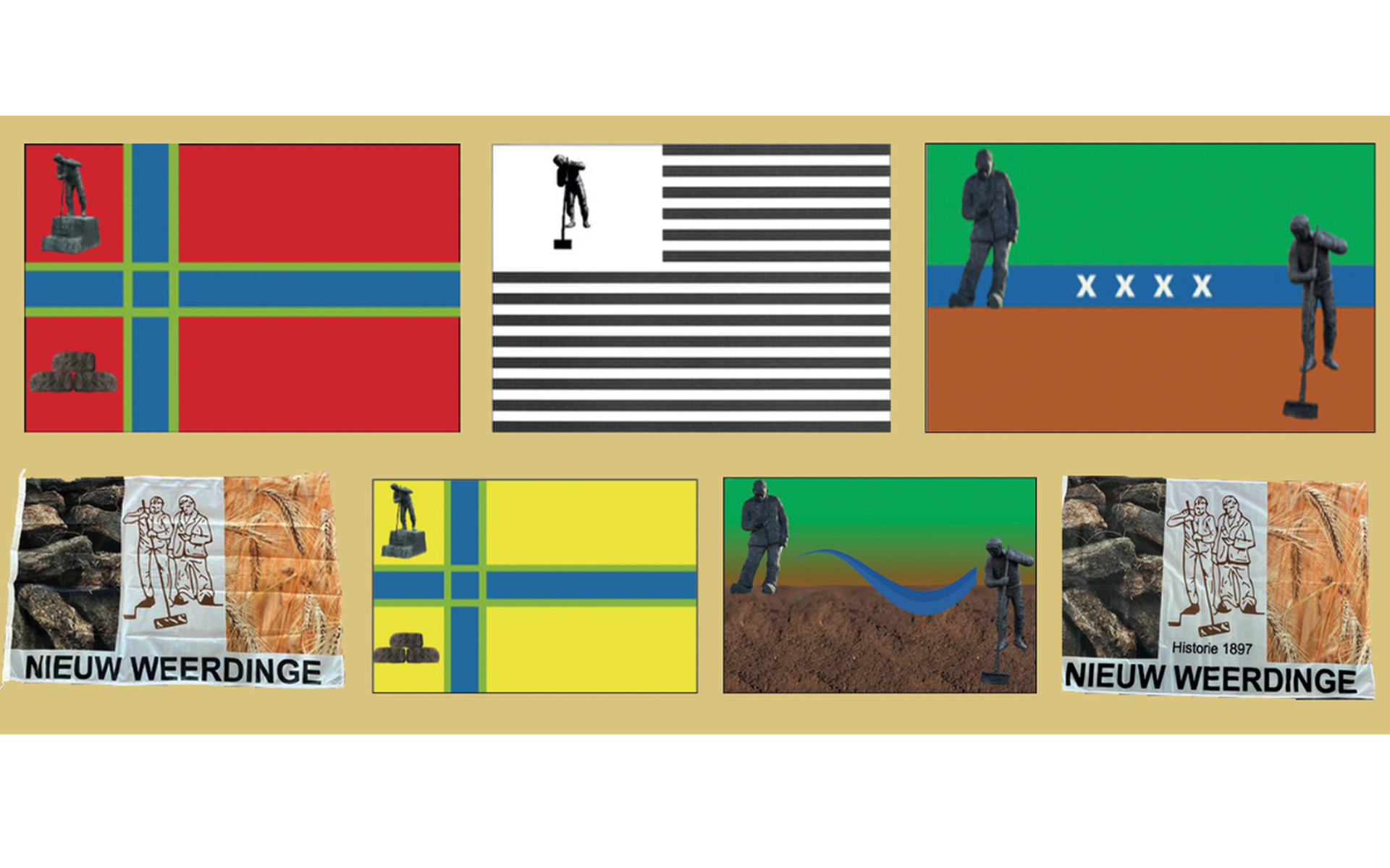 De zeven ontwerpen voor een dorpsvlag in Nieuw-Weerdinge.
