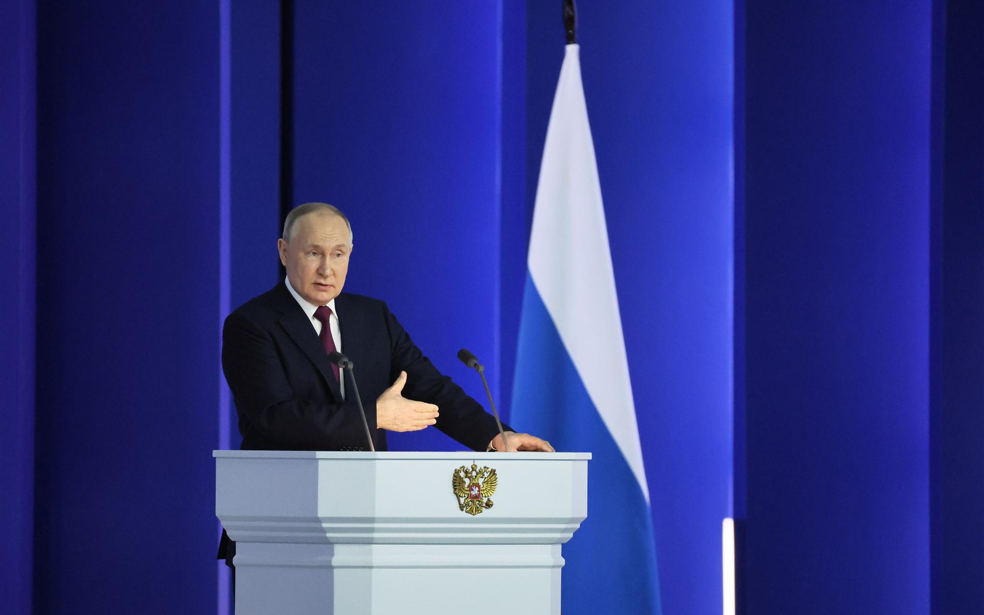 Vladimir Poetin tijdens zijn toespraak.