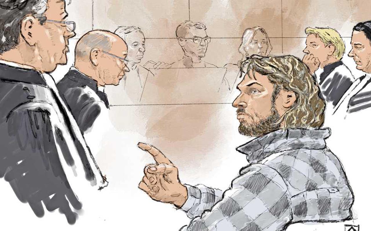 Tekening van Justin S. in de rechtbank tijdens de behandeling van de Friese drugszaak waarbij een criminele burgerinfiltrant is ingezet.