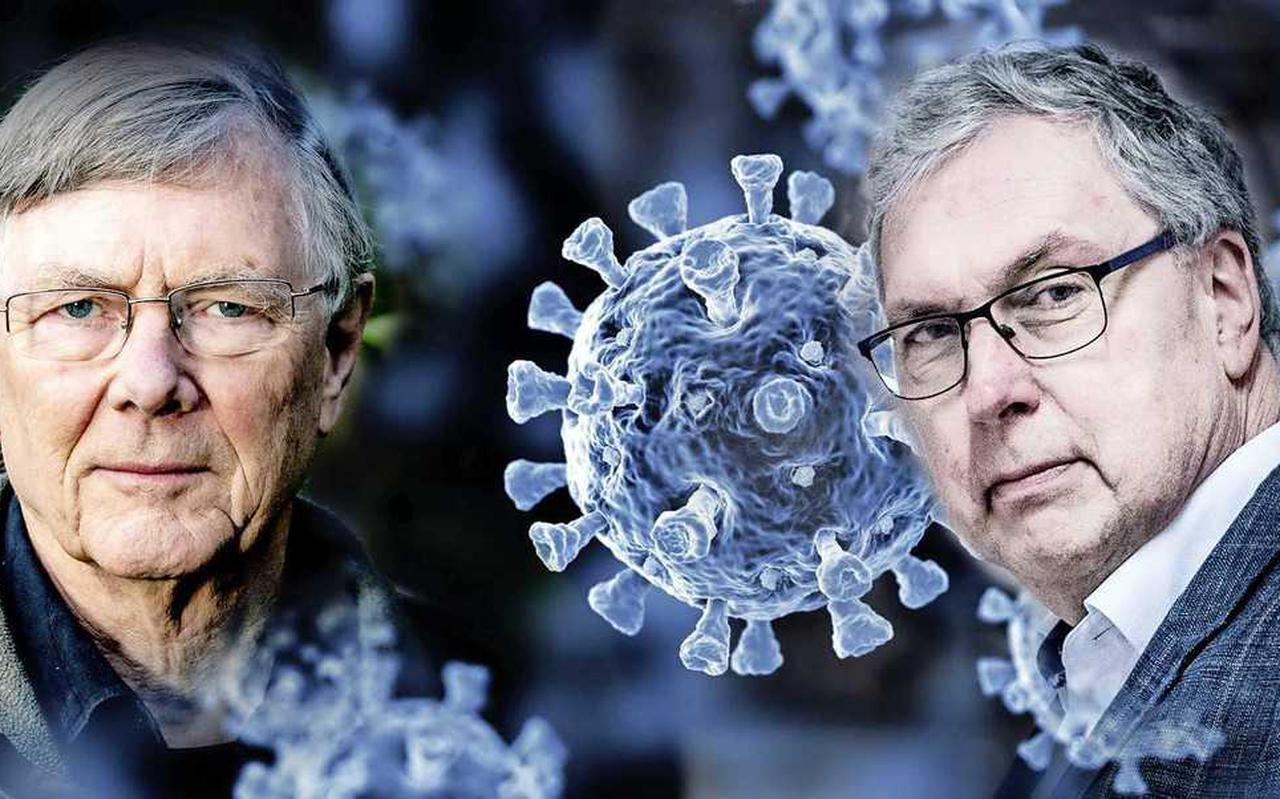 Virologen Ab Osterhaus (l.) en Bert Niesters waarschuwen om niet te vroeg te juichen, ze willen eerst de cijfers van over twee weken afwachten.