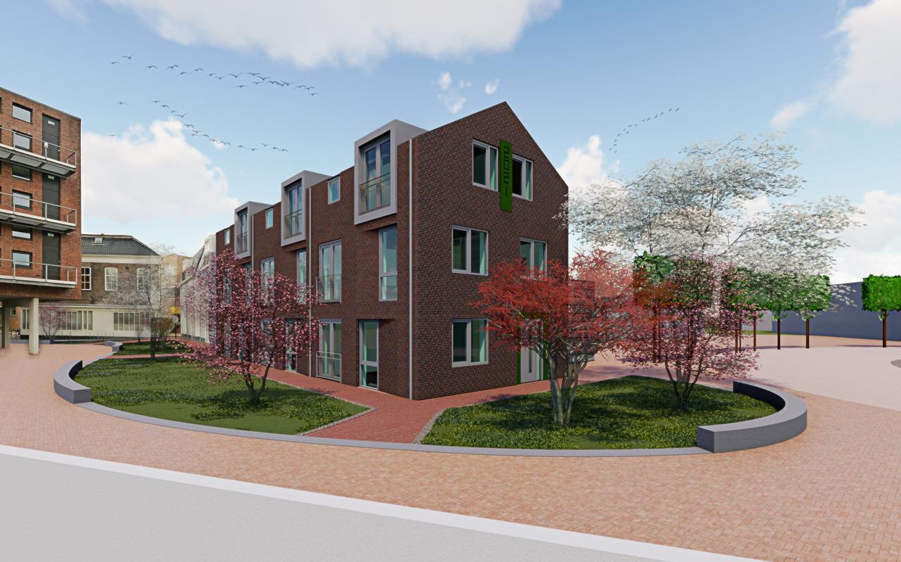 Het ontwerp van de nieuwe appartementen. Rechts de Menning, links het gemeentehuis. Het ontwerp van de nieuwe appartementen. Rechts de Menning, links het gemeentehuis.
