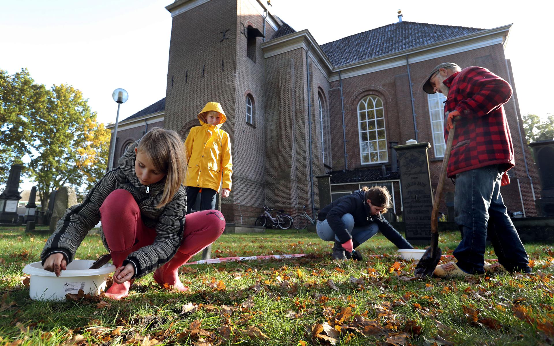 Een groep scholieren van obs De Sleutel in Wildervank plantte gisteren 3000 bloembollen op de monumentale begraafplaats.