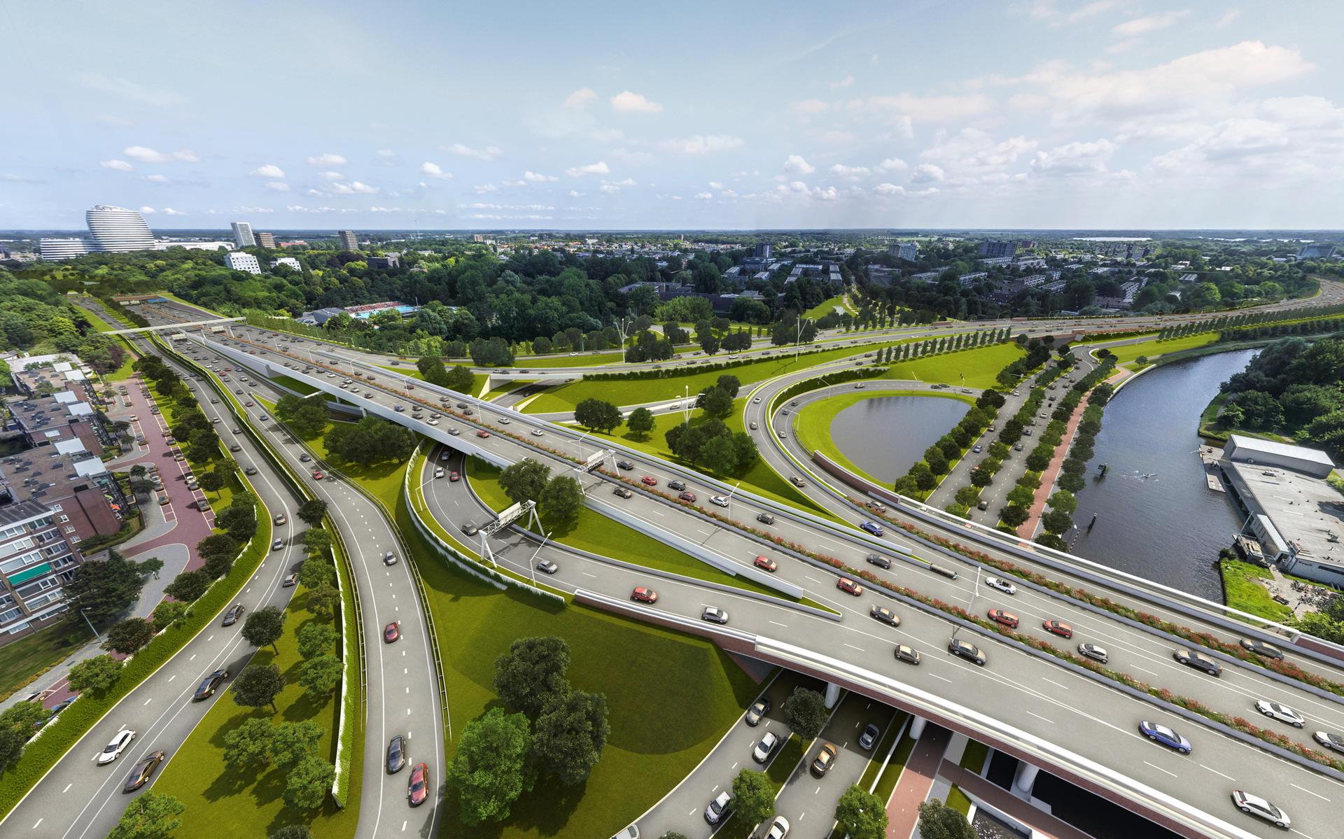 Het Julianaplein zoals dat er eind 2024 moet liggen met rechts de nieuwe vaste Julianabrug met langs het water de Brailleweg waar alle verkeersstromen vanaf het ongelijkvloerse knooppunt richting stad samenkomen.  
