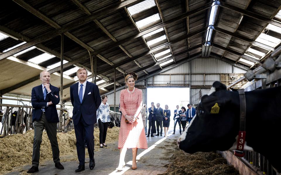 Koning Willem-Alexander en koningin Máxima bij het melkveebedrijf van Gerjan Blikker (links).