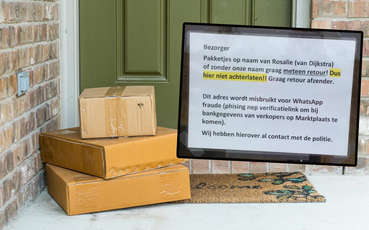 De ontvanger heeft een briefje op de deur gehangen om bezorgers te waarschuwen. De achtergrondfoto is niet de deur van de ontvanger, maar een stockfoto.