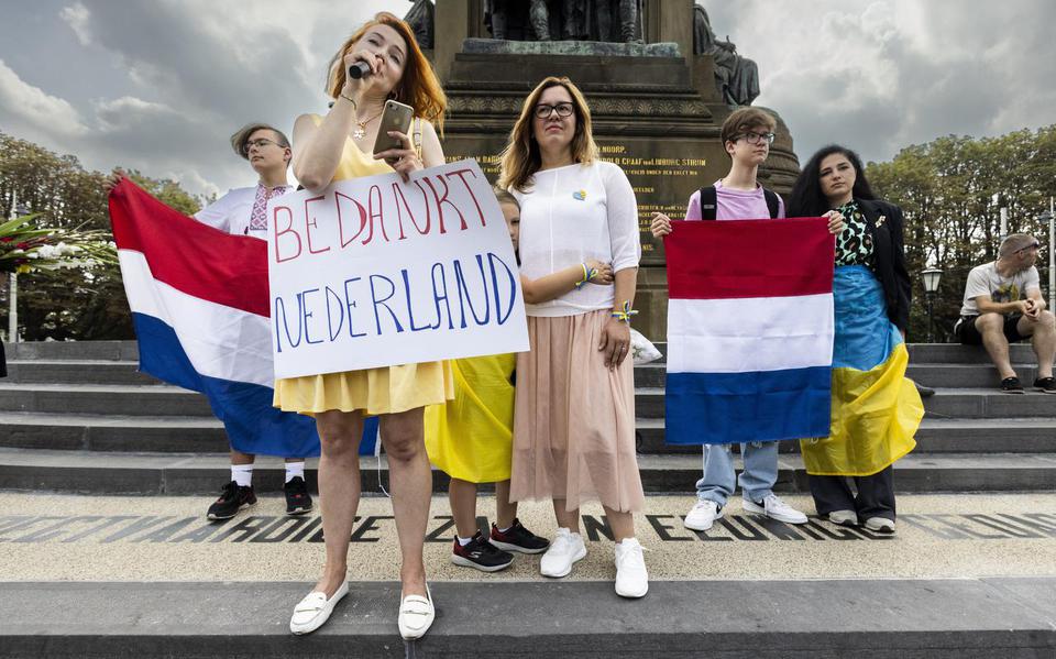 Oekraïners die in Nederland verblijven namen vorige maand deel aan een ‘mars van dankbaarheid’ door het centrum van Den Haag.  