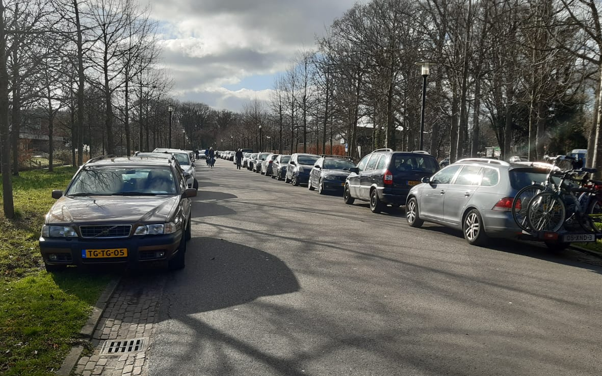 Rijen geparkeerde auto's aan de Concourslaan in het Stadspark.