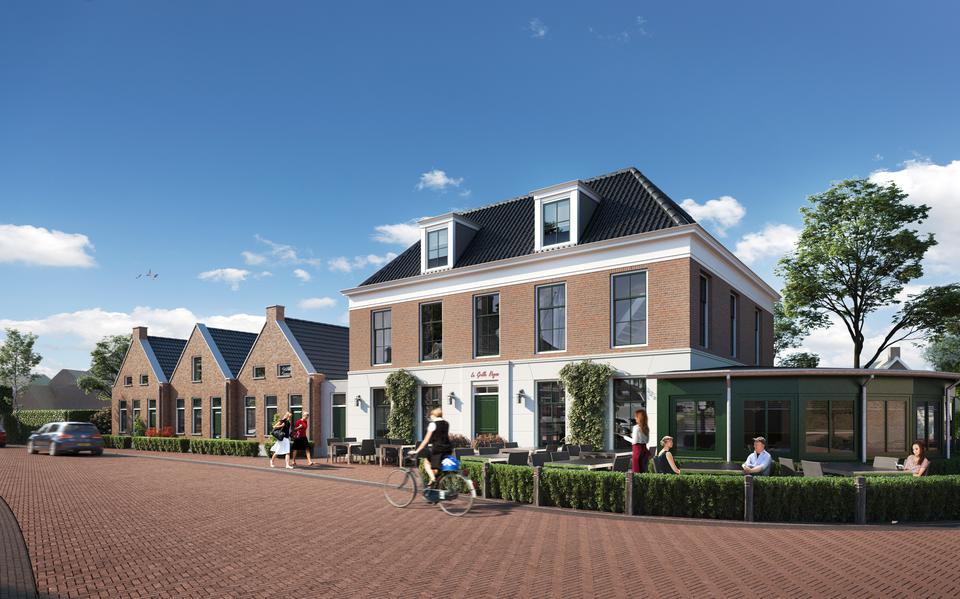 Impressie van de verbouwde huizen en het nieuwe restaurant aan de Hoofdstraat in Rolde.