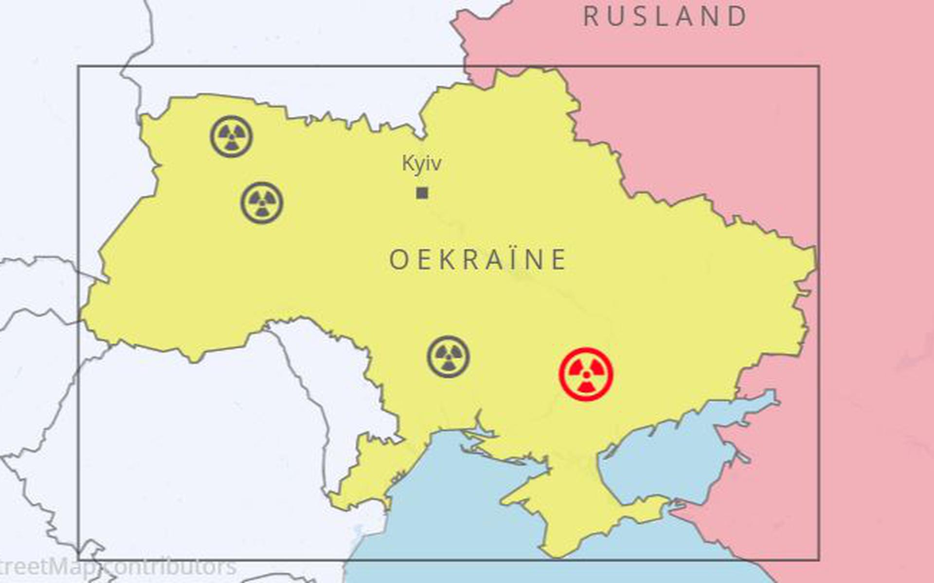 De vier kerncentrales van Oekraïne, met Zaporizja in het rood.