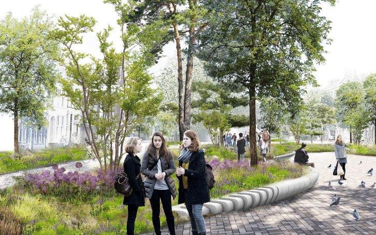 Een artist's impression van het toekomstige, groene Damsterplein. Een artist's impression van het toekomstige, groene Damsterplein.