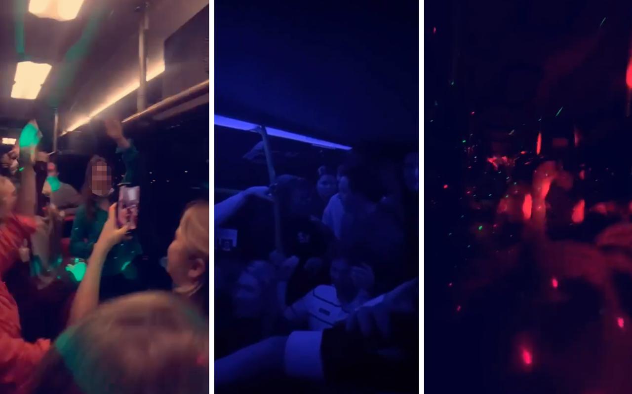 De studenten uit Groningen in de partybus. De studenten uit Groningen in de partybus.