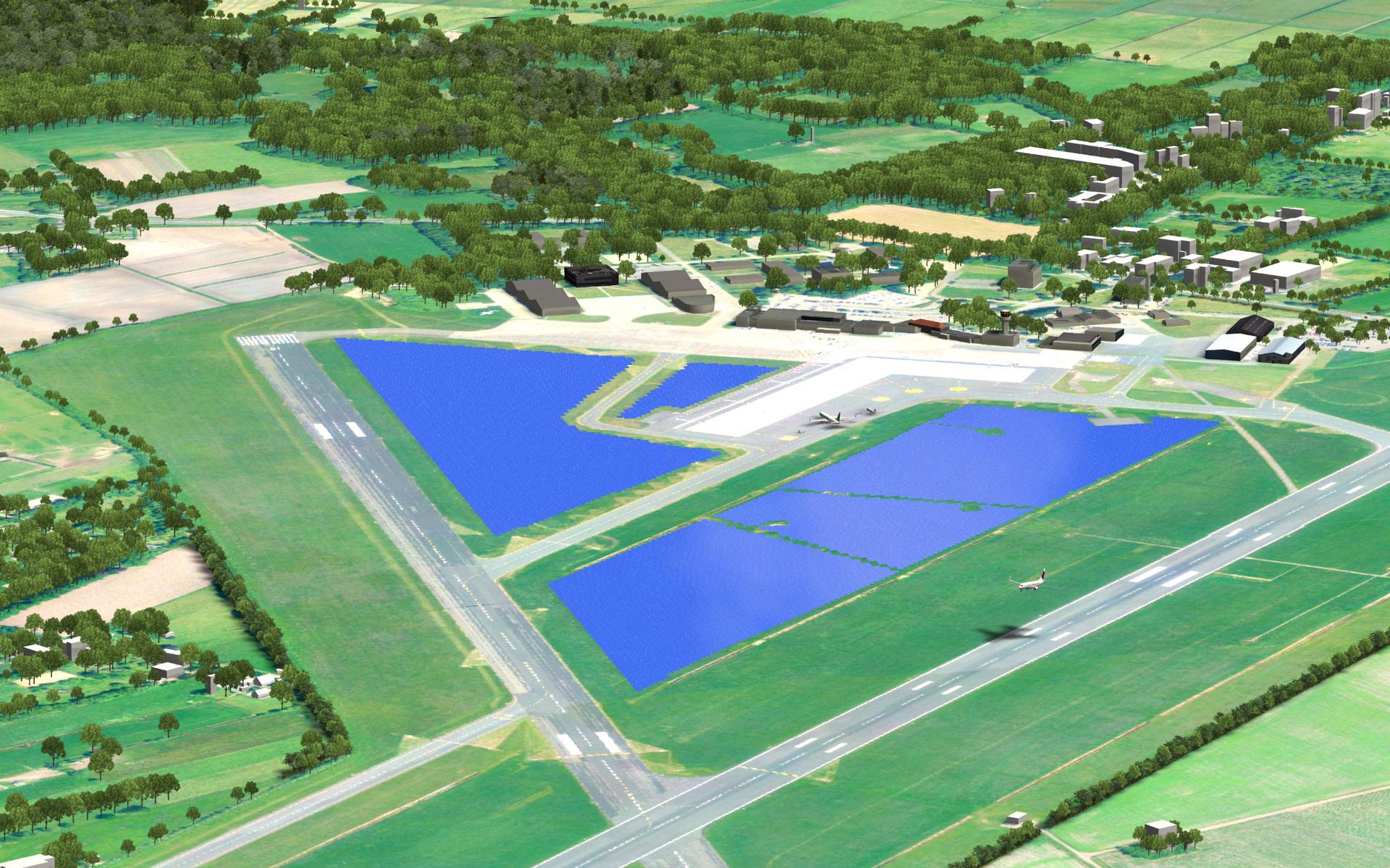 Impressie van het zonnepark op Groningen Airport Eelde in de driehoek tussen taxi-, start- en landingsbaan. BEELD GEMEENTE TYNAARLO