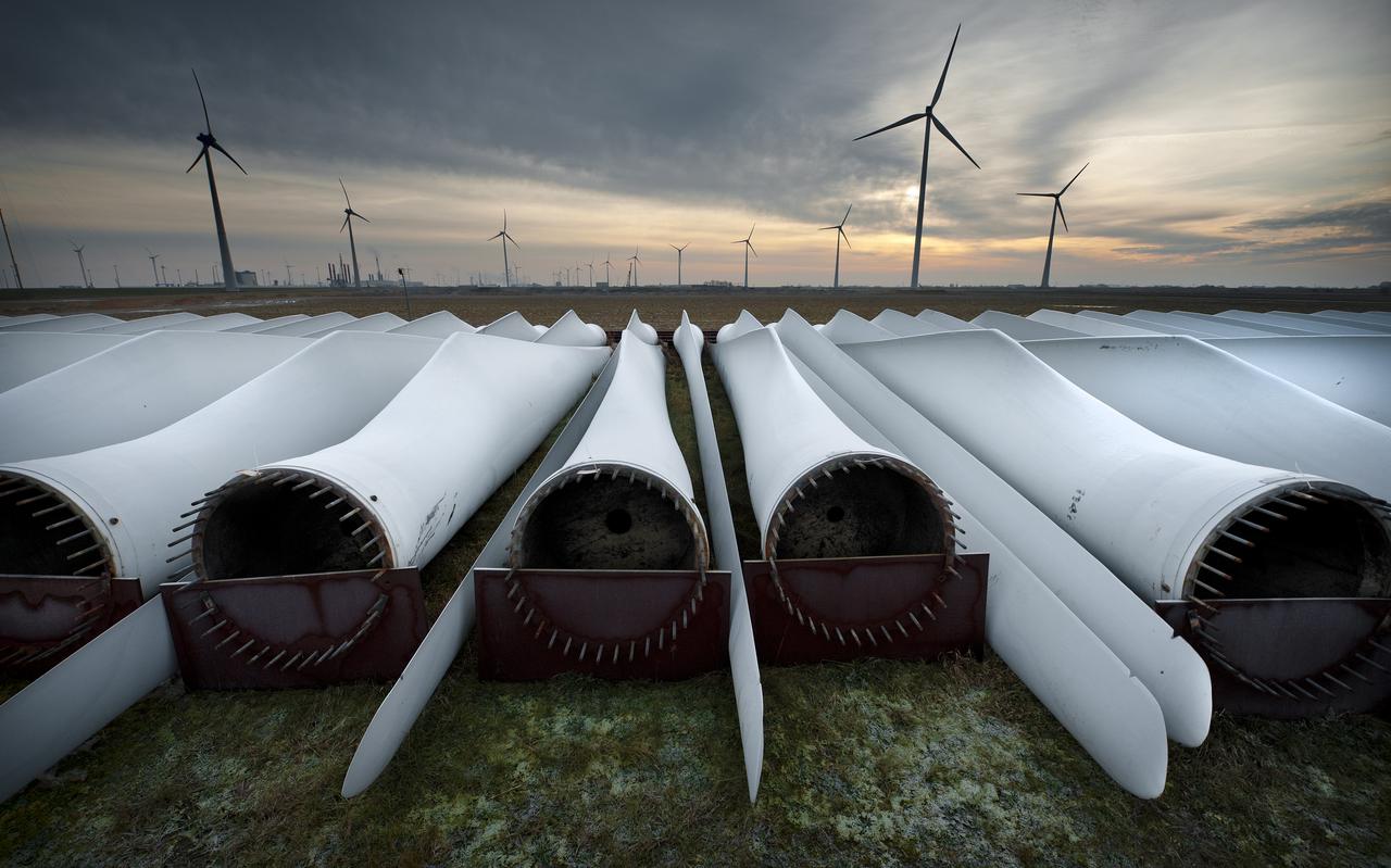 Wieken van windmolens liggen naast elkaar aan de Meeuwenstaartweg in de Eemshaven. Binnenkort arriveren in de Eemshaven de eerste onderdelen voor twee grote nieuwe windparken, die worden gebouwd in het Duitse deel van de Noordzee.