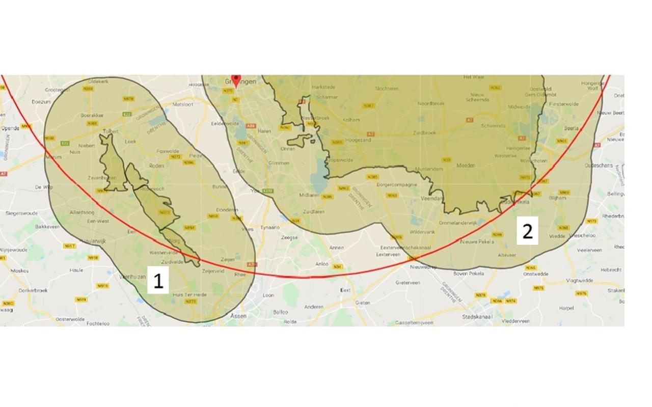 In dit gebied (1) is de schadeafhandelingen stil gelegd: het deel dat buiten de onderste rode cirkellijn ligt (effectgebied aardbeving Huizinge augustus 2012), maar binnen het groene deel (effectgebied gasopslag Norg). Gebied 2 is het Oost-Groningen deel.  