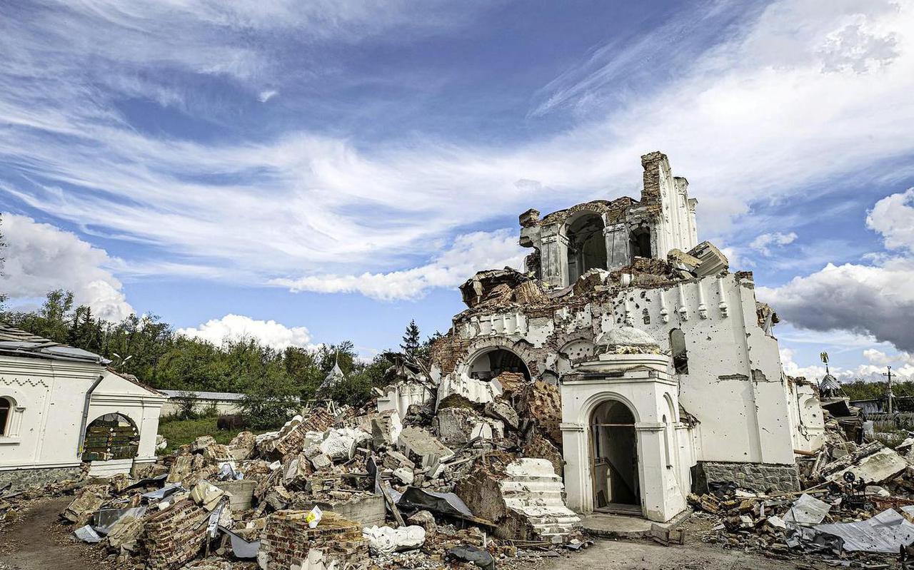 Het zwaar beschadigde St. George-klooster in Dolina, in het oosten van de provincie Donetsk.