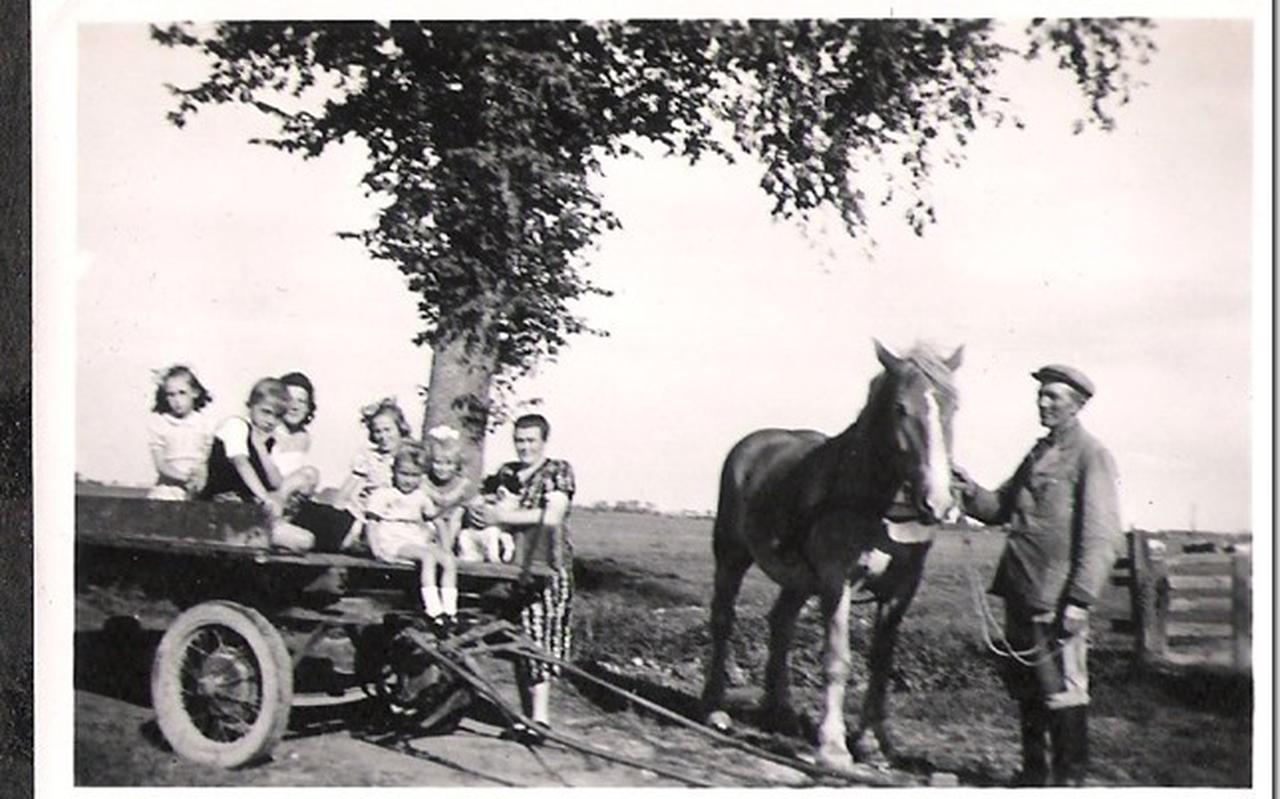 Jakob Mulder met zijn kinderen en enkele kinderen uit het westen die bij het boerengezin komen aansterken. De foto is waarschijnlijk in 1947 gemaakt. Jakob Mulder met zijn kinderen en enkele kinderen uit het westen die bij het boerengezin komen aansterken. De foto is waarschijnlijk in 1947 gemaakt.