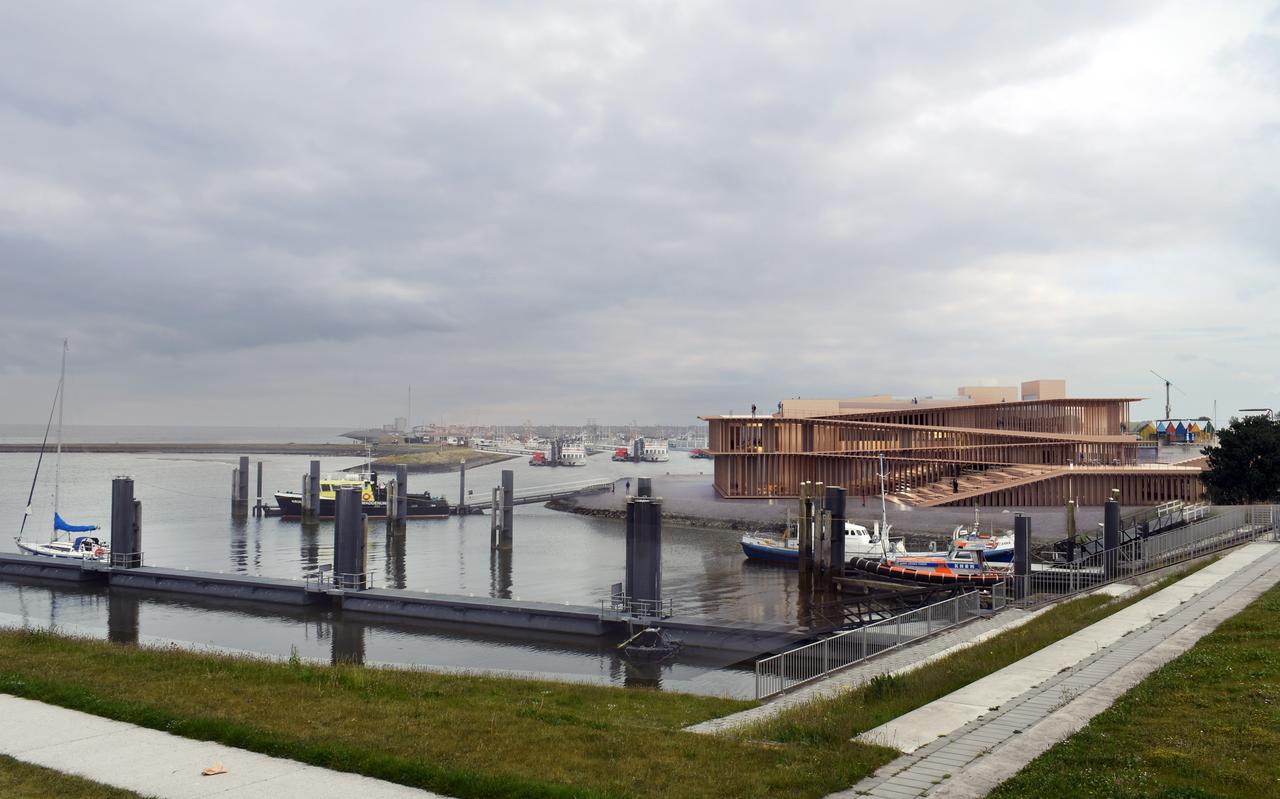 Het nieuwe voorlopige ontwerp van het Werelderfgoedcentrum Lauwersoog van architect Dorte Mandrup, gesitueerd aan het water.
