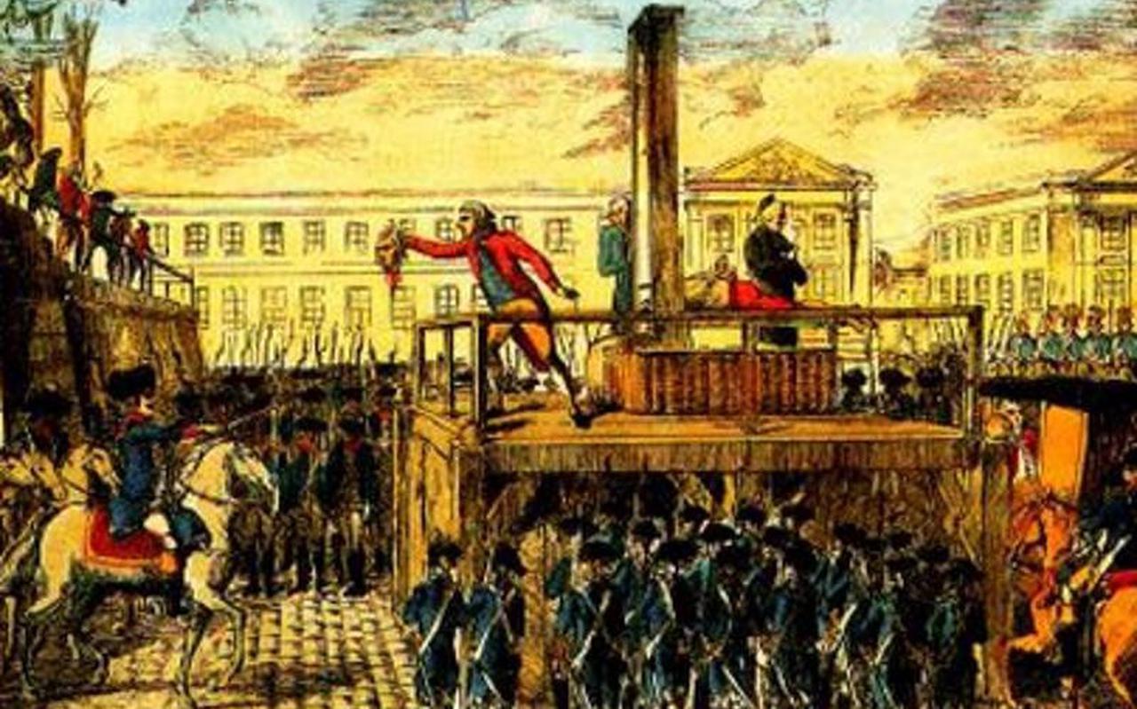 Anonieme prent van de onthoofding van Louis XVI in Parijs (circa 1794).
