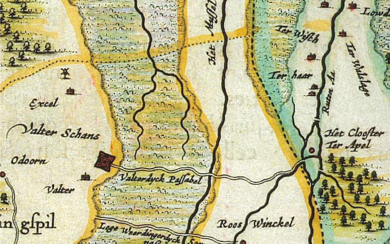 Een kaart van Drenthe uit 1628 met daarop de Valtherschans en de verbindingsweg naar het klooster in Ter Apel. 