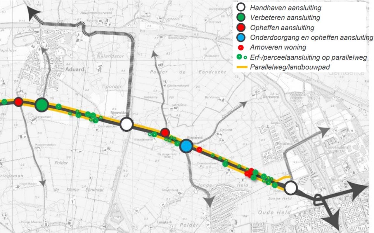De maatregelenkaart voor de aanpak van de Friesestraatweg (N355) tussen Groningen en Zuidhorn uit 2018. De maatregelenkaart voor de aanpak van de Friesestraatweg (N355) tussen Groningen en Zuidhorn uit 2018.