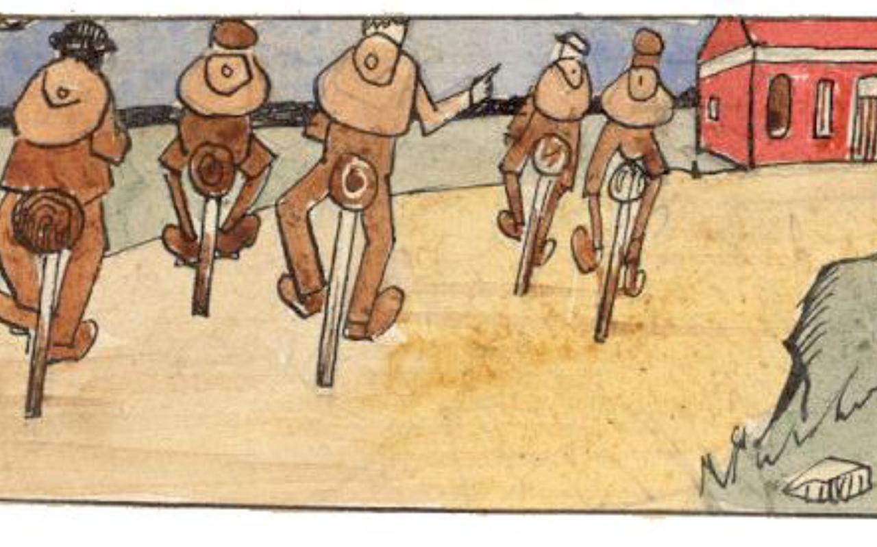Illustratie uit 'Dagboek vader Louw'.  Een fietstocht door Drenthe, Overijssel en Gelderland. 24 juli - 13 augustus 1917.  De fietsende jongens. 