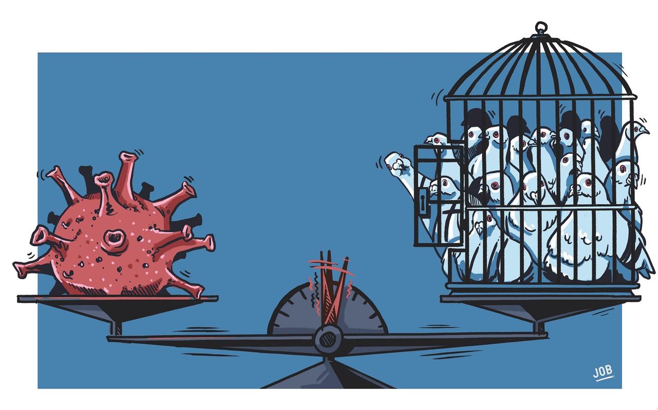 Het bestrijden van het coronavirus vraagt geduld en discipline. Illustratie: Job van der Molen Het bestrijden van het coronavirus vraagt geduld en discipline. Illustratie: Job van der Molen
