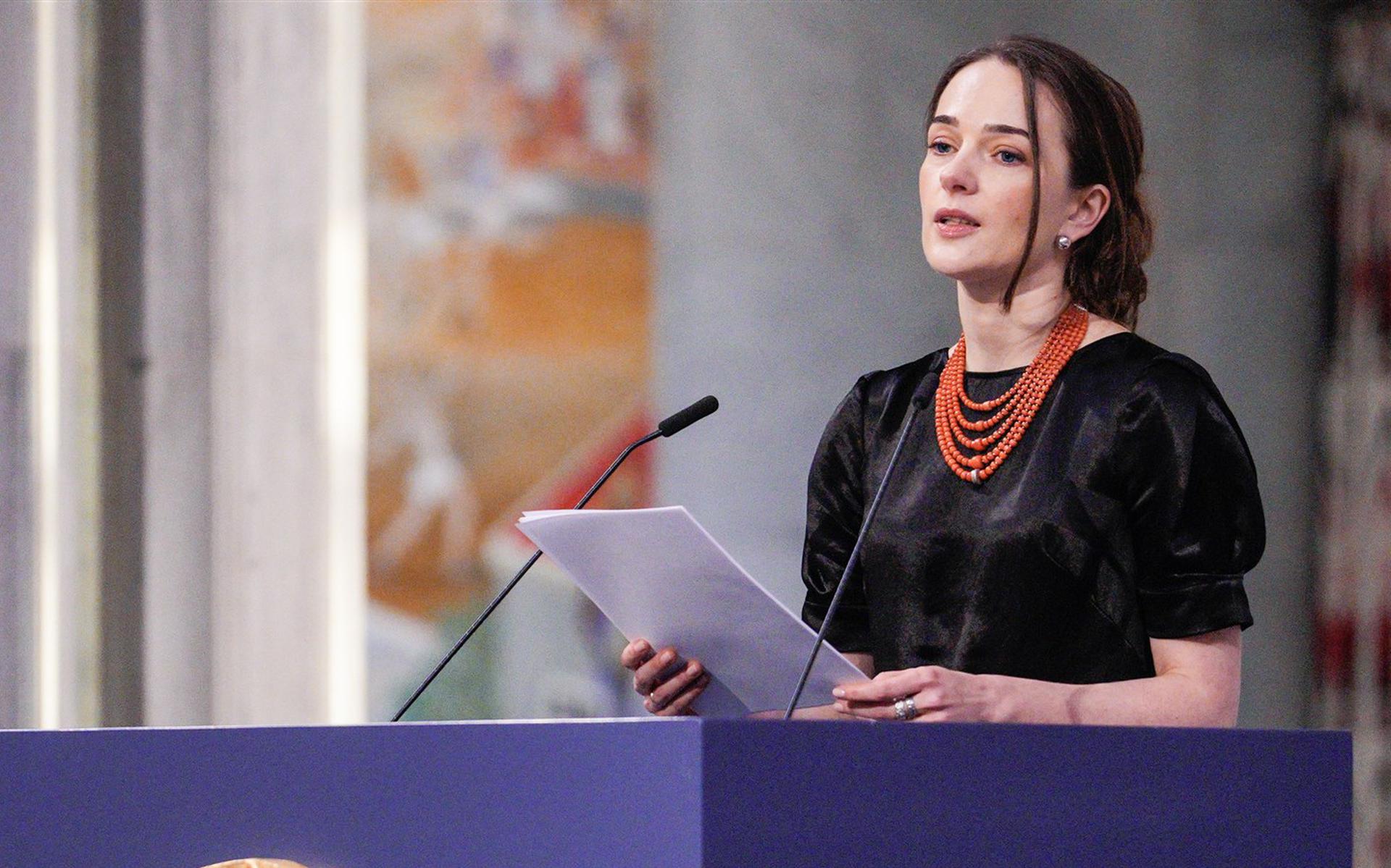 Oleksandra Matviichuk geeft haar lezing tijdens de uitreiking van de Nobelprijs voor de Vrede in Oslo, 2022.