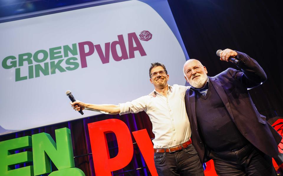 GroenLinks PvdA-lijsttrekker Bas Eickhout en GroenLinks PvdA-leider Frans Timmermans (l-r) reageren op de voorlopige uitslagen van de verkiezing van de Nederlandse leden voor het Europees Parlement.