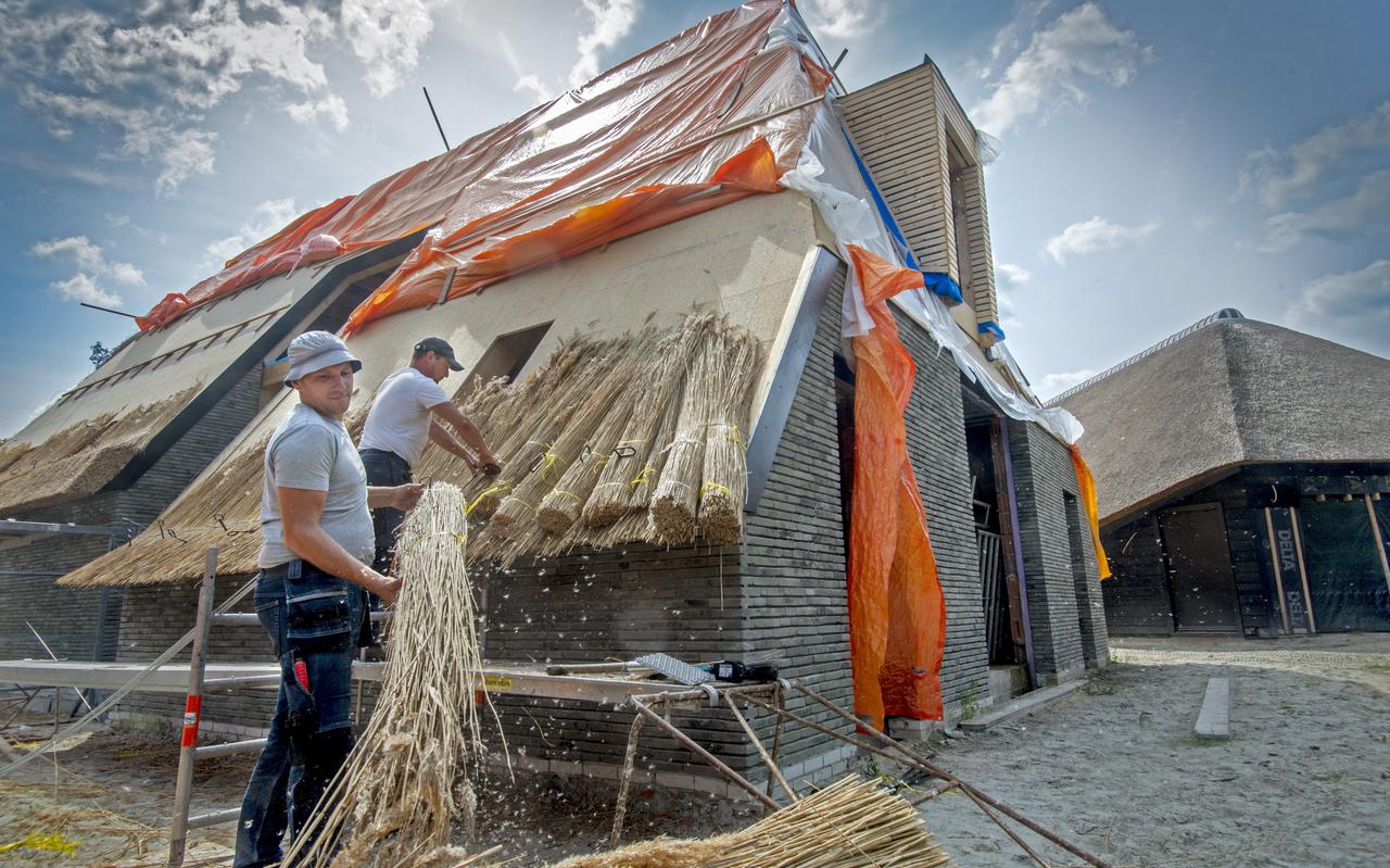 Rietdekker Roelf Harms (voorgrond) en Jarno Jansen werken aan het dak van een nieuwe woning in buurtschap Westenesch in Emmen. 