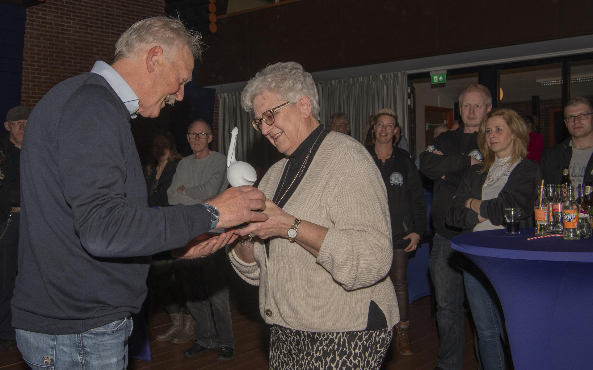 Jan Martin Dijkstra en Kenna Kupers-Kraai bewonderen de nieuwe prijs, De Pelikaan.