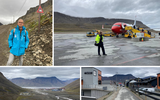Vanaf linksboven met de klok mee: verslaggever Frank von Hebel die meereist met de poolexpeditie. Het vliegveld op Spitsbergen. Een winkelstraat in Longyearbyen en uitzicht op het stadje.