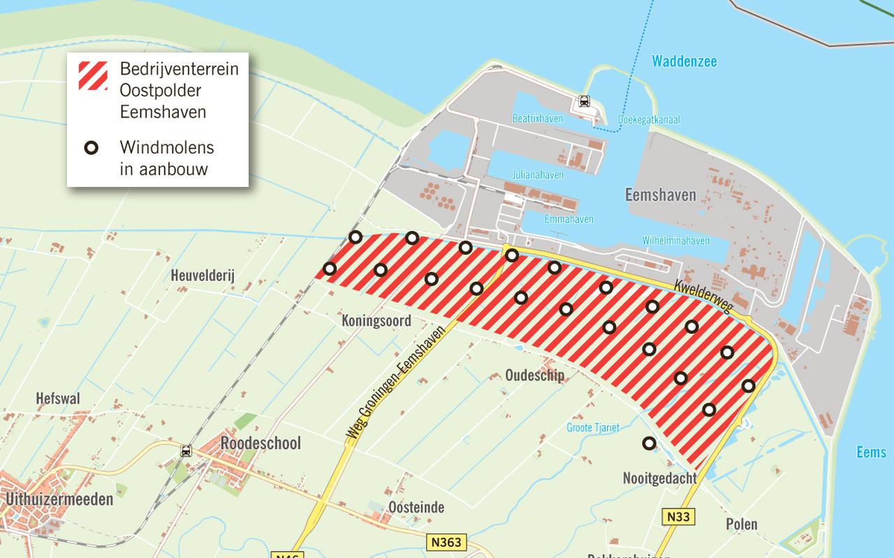 Het gebied direct ten zuiden van de Eemshaven wordt begrensd door de spoorlijn (westzijde), de dijk en lintbebouwing van Oudeschip (zuidzijde) en de N33 (oostzijde).