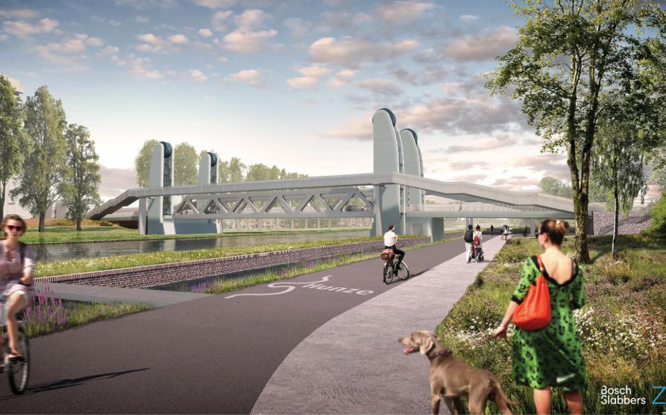 Schets van hoe de nieuwe Gerrit Krolbrug er in de toekomst mogelijk uit kan komen te zien. Er komt een nieuw fietspad onder de brug aan de stadskant van het Van Starkenborghkanaal. 