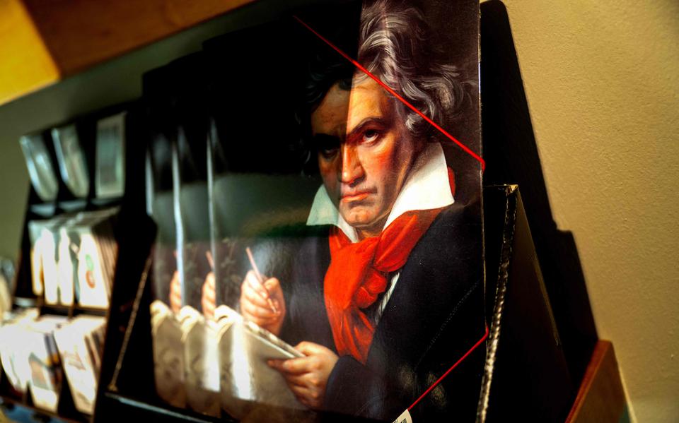 Een folder met het portret van Ludwig van Beethoven in het Beethoven Haus Museum in Baden bei Wien. 