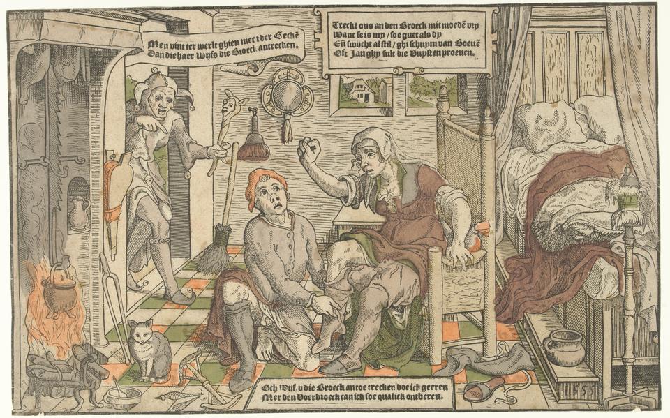 Centsprent van het spreekwoord 'De vrouw de broek aantrekken' uit 1555. 