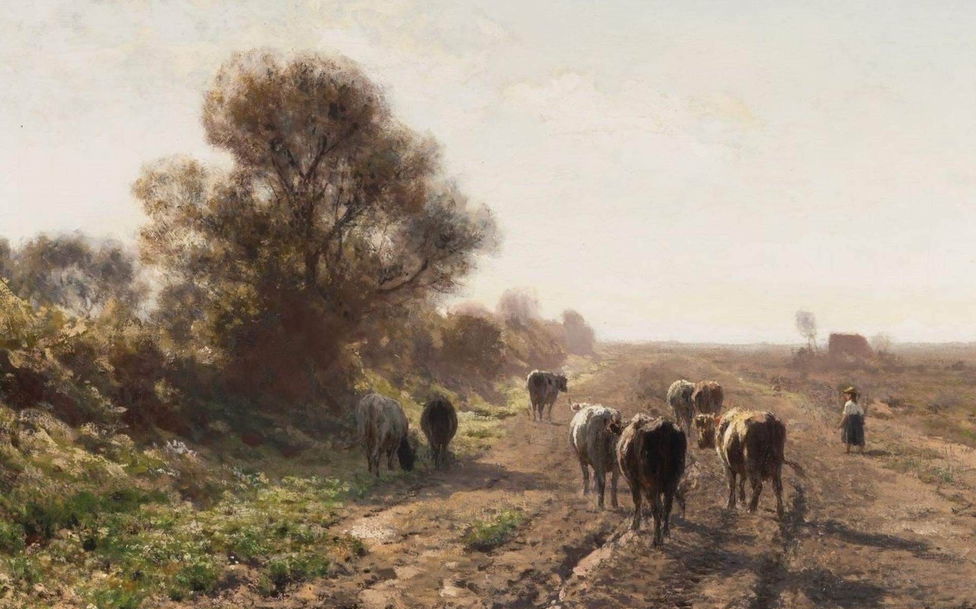 Julius van de Sande Bakhuyzen: ‘Drents landschap met koeien en boerin’ (datum onbekend), olieverf op doek.