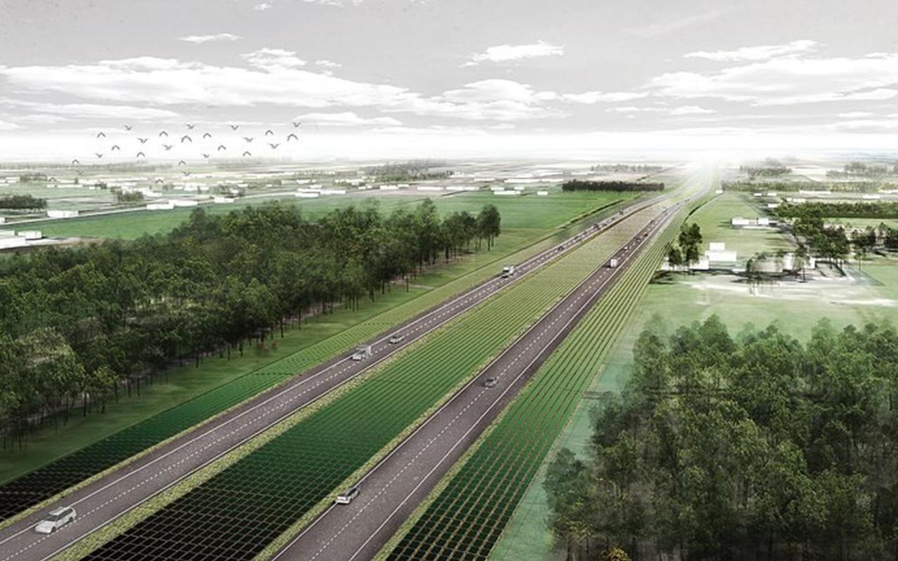 Toekomstbeeld van de A37. Het plan is om aan weerszijden van de weg, in de middenberm en bij knooppunten duizenden zonnepanelen aan te leggen.