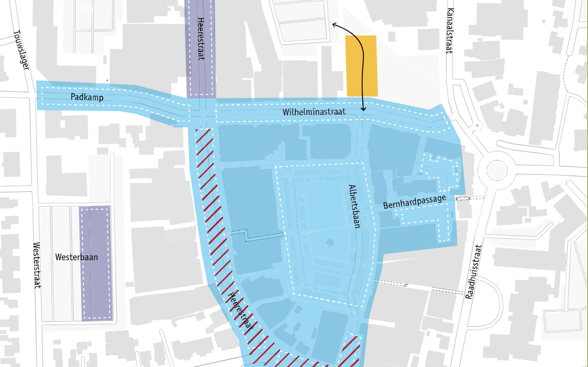 Lichtblauwe markering: parkeerschijfzone sinds 2021. Paarse markering: uitbreidingen. Gele markering: tijdelijke parkeerplekken. Rood-gestreepte markering: werkzaamheden tot en met de bouwvak 2023.