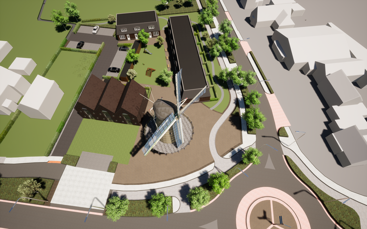 Schets van de 13 huurwoningen die Theo Tel mét een molen wil bouwen bij de rotonde in het hart van Zevenhuizen. Schets van de 13 huurwoningen die Theo Tel mét een molen wil bouwen bij de rotonde in het hart van Zevenhuizen.