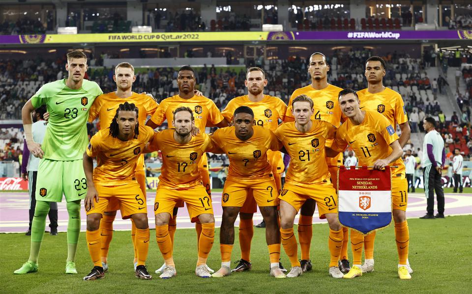 Het Nederlands elftal voor aanvang van de achtste finale tegen de Verenigde Staten.