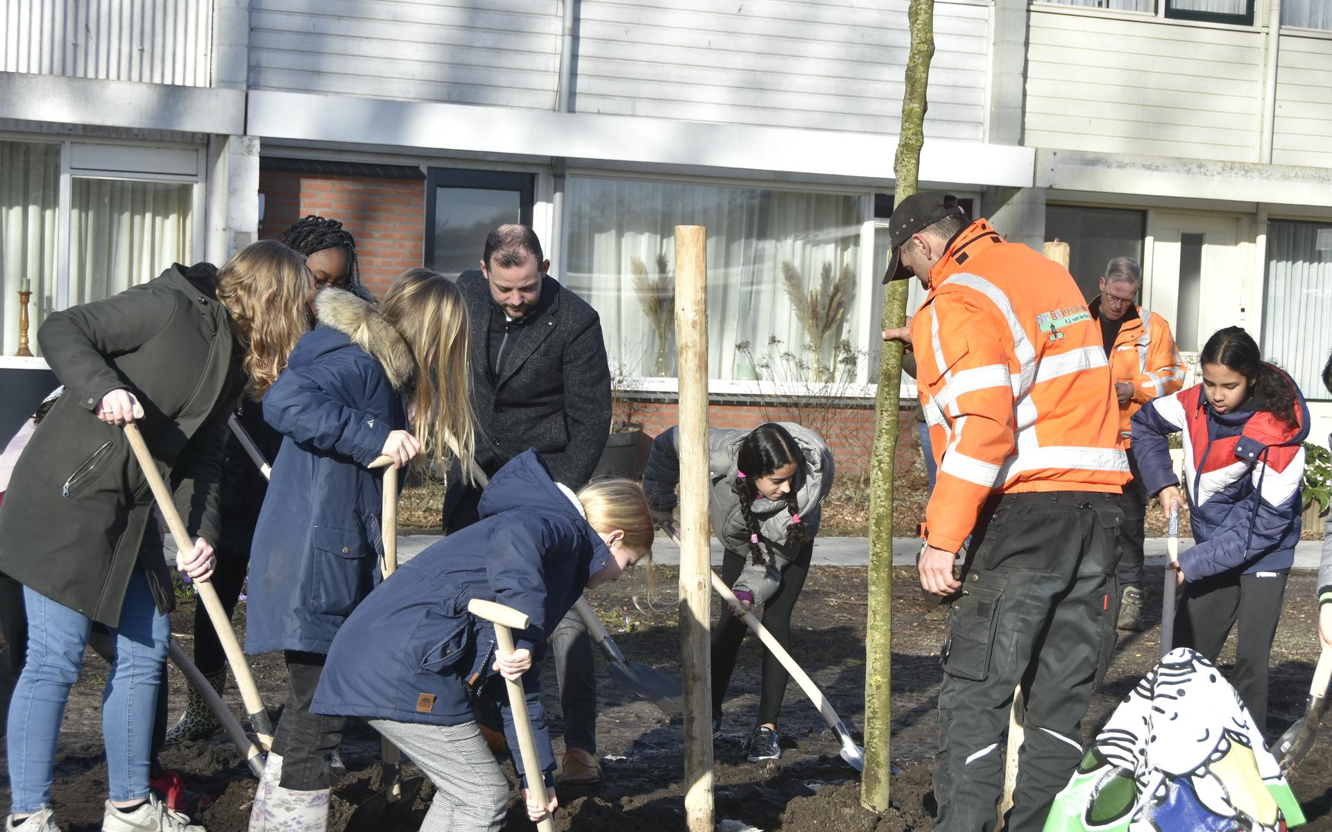 Onder leiding van wethouder René van der Weide plantten de kinderen 37 bomen aan de Veldlaan.