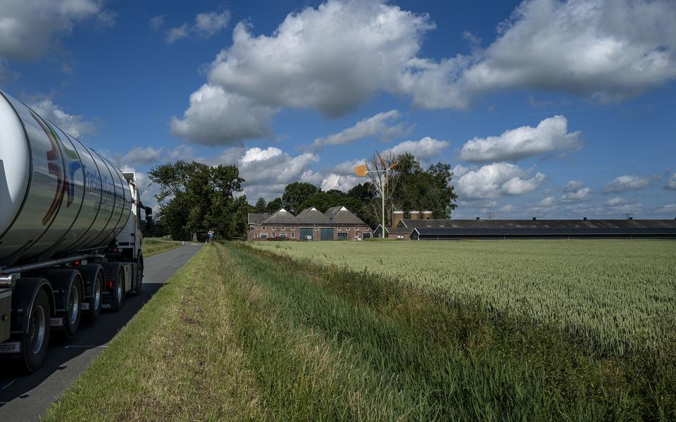 Een melkwagen van FrieslandCampina passeert een graanveld bij een boerderij bij de wierde van Arwerd. Volgens de nieuwe Carbon Coöp kunnen bouwboeren en melkveehouders prima samenwerken en zo hun uitstoot van CO2 beperken. Bovendien kunnen ze de uitstootrechten vermarkten. 