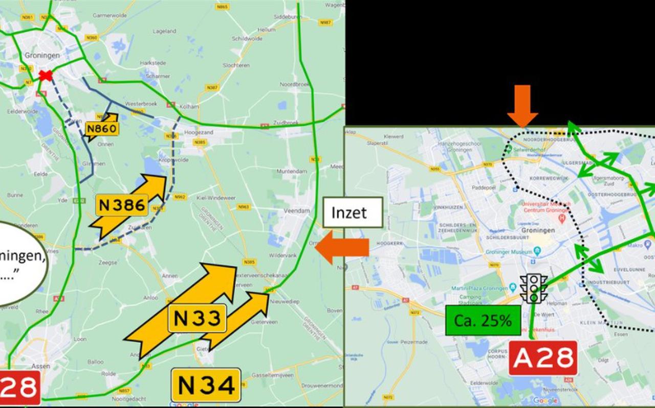 Langs deze routes (autoweg N33 heeft de voorkeur) probeert Aanpak Ring Zuid verkeer uit Drenthe om te leiden. Voor zeker een of de vier weggebruikers die in het oostelijk deel van de stad Groningen moeten zijn (rechts), is dat volgens de organisatie net zo snel.