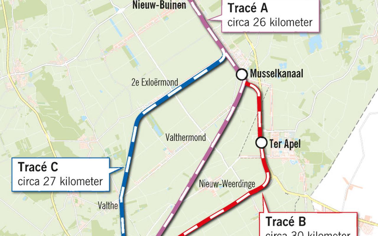 De drie varianten voor de nieuwe verbinding Emmen-Stadskanaal. De drie varianten voor de nieuwe verbinding Emmen-Stadskanaal.