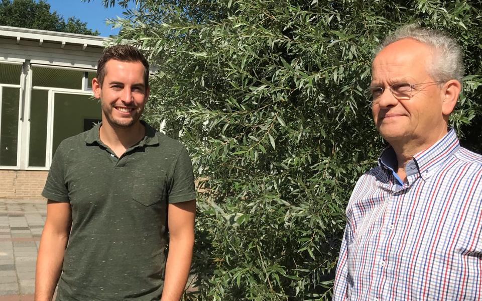 Initiatiefnemer Jan Slangen (rechts) en projectontwikkelaar Ruben Beens van het knarrenhof eerder op de locatie van de vroegere Bladergroenschool. 