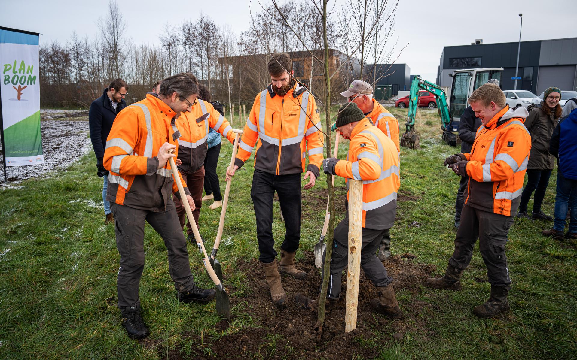 Medewerkers van Donker Groen planten 2800 bomen op 7000 m2, voor het eerste bedrijvenbos van de stad Groningen. 